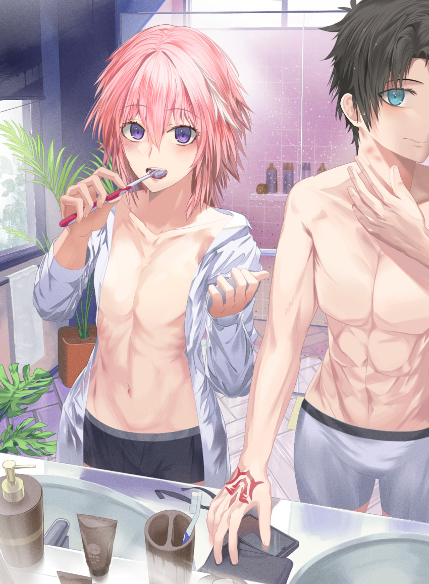 2boys, abs, astolfo_(fate), bathroom, black_hair, blue_eyes, blush, brushing_teeth, collarbone, command_spell, fate/apocrypha, fate/grand_order, fate_(series), fujimaru_ritsuka_(male), hair_intakes, highres, long_hair, long_sleeves, looking_at_viewer, mirror, multicolored_hair, multiple_boys, muscular, nanidato_(nanidat0), navel, open_clothes, open_mouth, open_shirt, pink_hair, purple_eyes, reflection, shirt, short_hair, sink, streaked_hair, thighs, toothbrush, topless_male, trap, underwear, white_hair, white_shirt