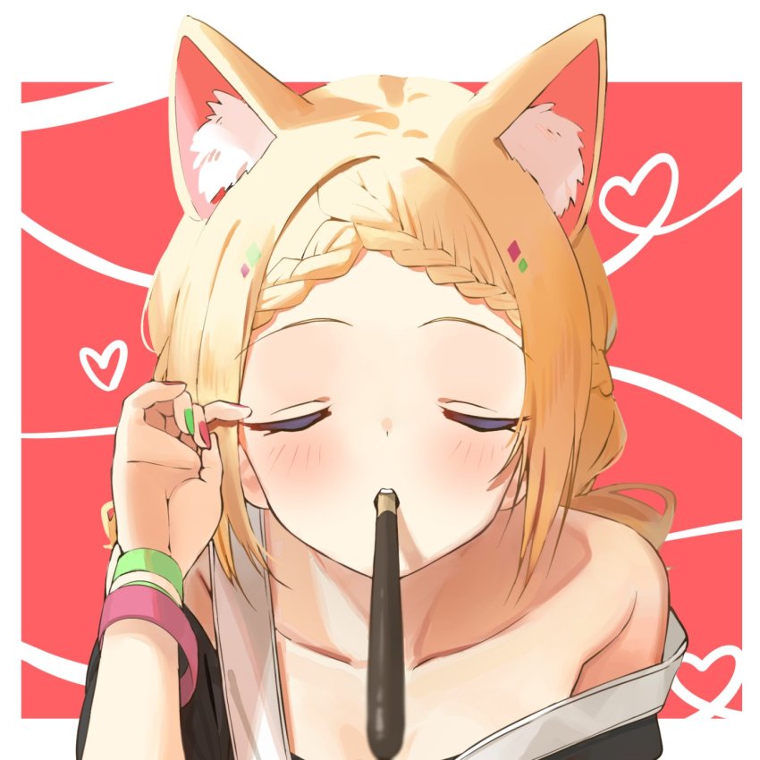 1girl, aki_rosenthal, aki_rosenthal_(gaming_casual), animal_ear_fluff, animal_ears, bare_shoulders, blonde_hair, blush