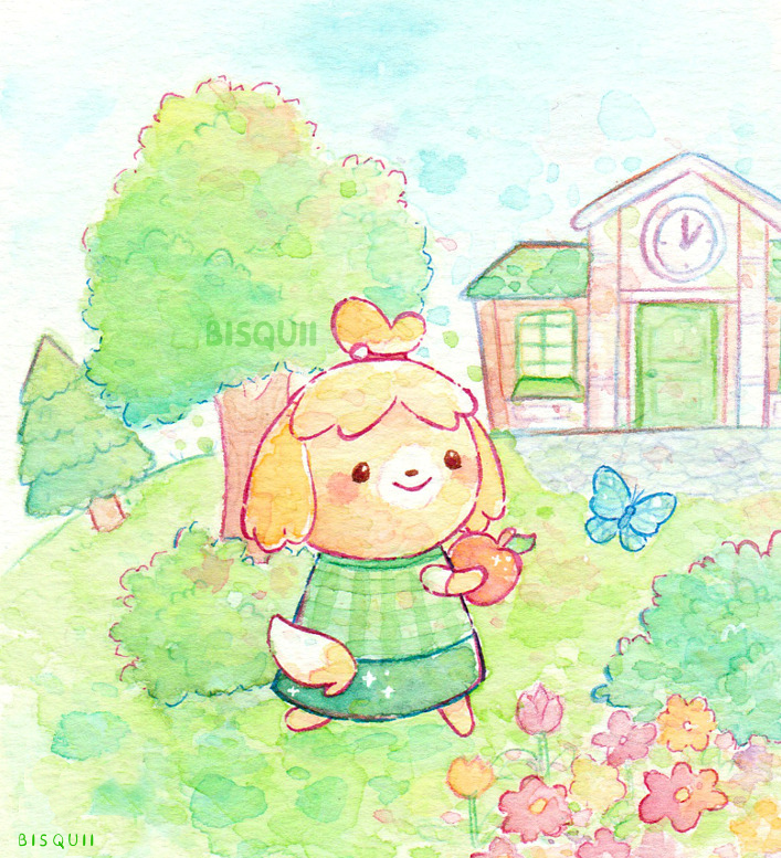 animal, animal_crossing, apple, artist_name, bisquii, bug, bush, butterfly, clock, closed_mouth, dog, flower, food, fruit, furry, furry_female, grass, green_shirt, green_skirt, hair_ornament, hairband, holding, holding_food, holding_fruit, house, insect, isabelle_(animal_crossing), nintendo, orange_flower, painting_(medium), pink_flower, red_flower, shirt, skirt, sky, smile, solo, traditional_media, tree, tulip, walking, watercolor_(medium)