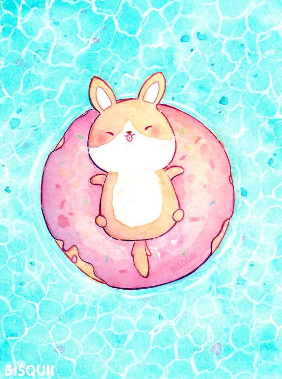 animal, artist_name, bisquii, dog, donut, closed_eyes, floating, food, full_body, lying, no_humans, ocean, on_back, original, painting_(medium), solo, sprinkles, tongue, tongue_out, traditional_media, water, watercolor_(medium), welsh_corgi