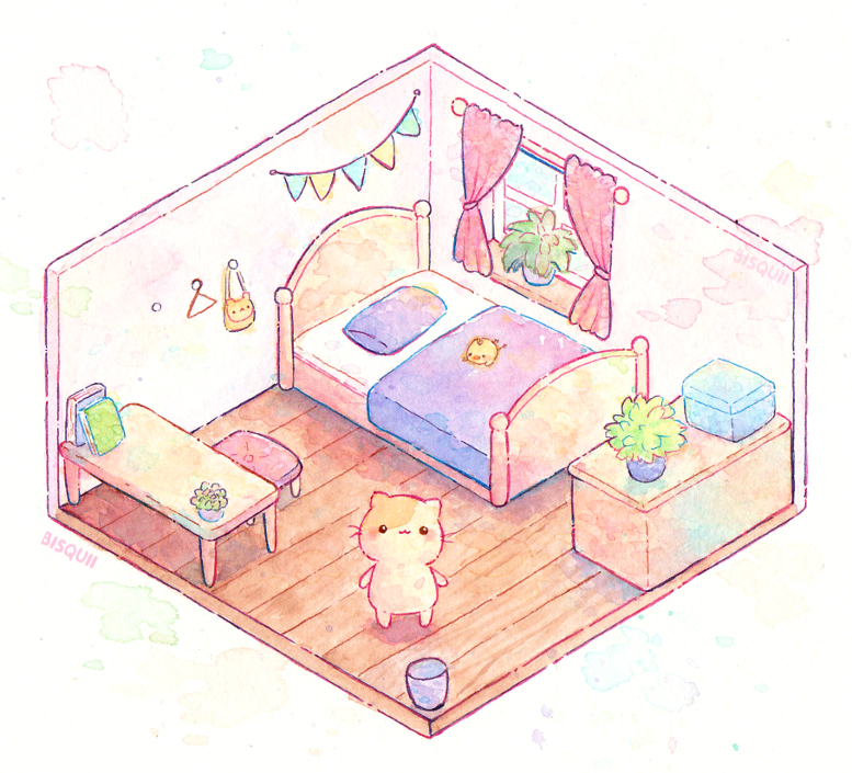 :3, animal, animal_bag, artist_name, baby_animal, bag, bed, bed_frame, bedroom, bird, bisquii, blanket, book, cat, cat_bag, chair, chick, closed_mouth, curtains, drawer, full_body, hangar, isometric, lying, no_humans, on_stomach, original, painting_(medium), pastel_colors, pillow, pink_theme, plant, potted_plant, room, roomscape, standing, table, traditional_media, trash_can, watercolor_(medium), window, windowsill