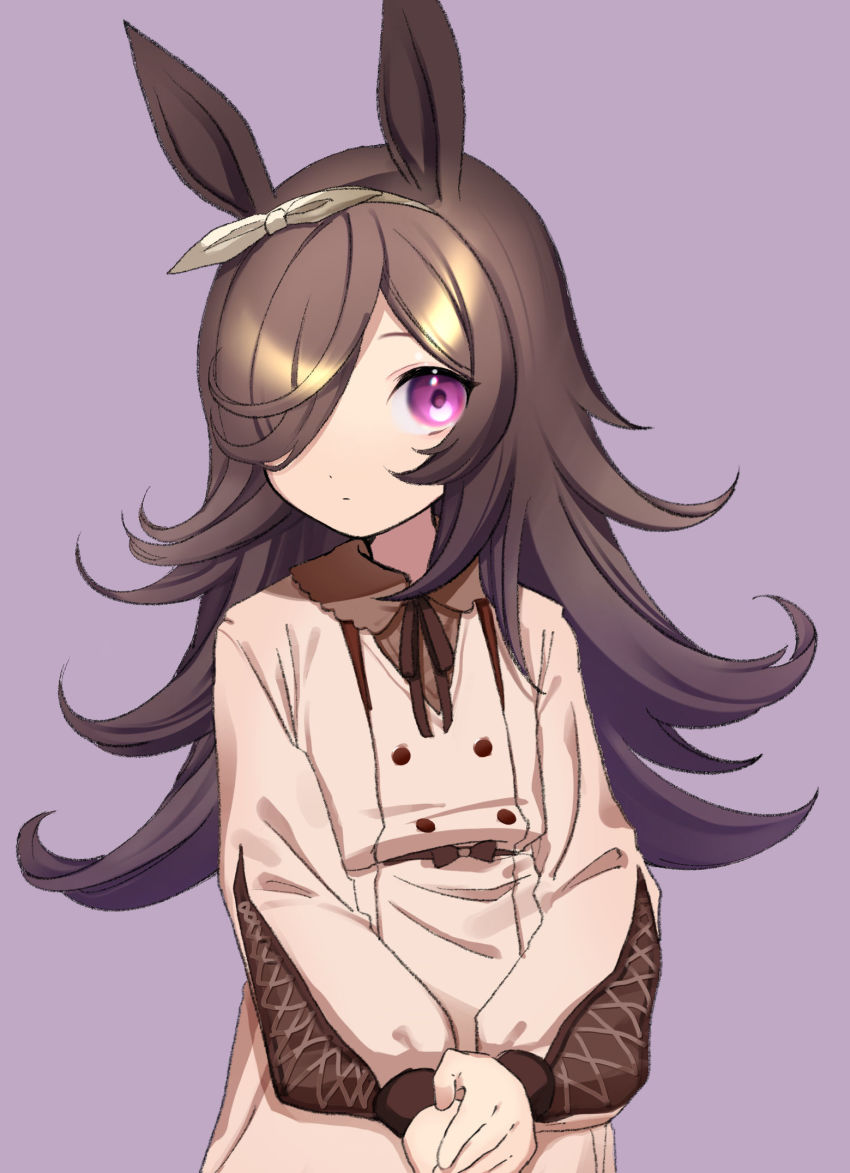 1girl, animal_ears, brown_dress, brown_hair, buttons, closed_mouth, collared_dress, commentary_request