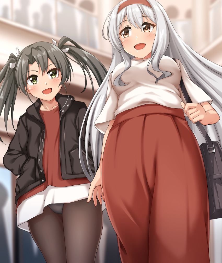 2girls, absurdres, bag, black_jacket, black_legwear, blush, brown_eyes, commission