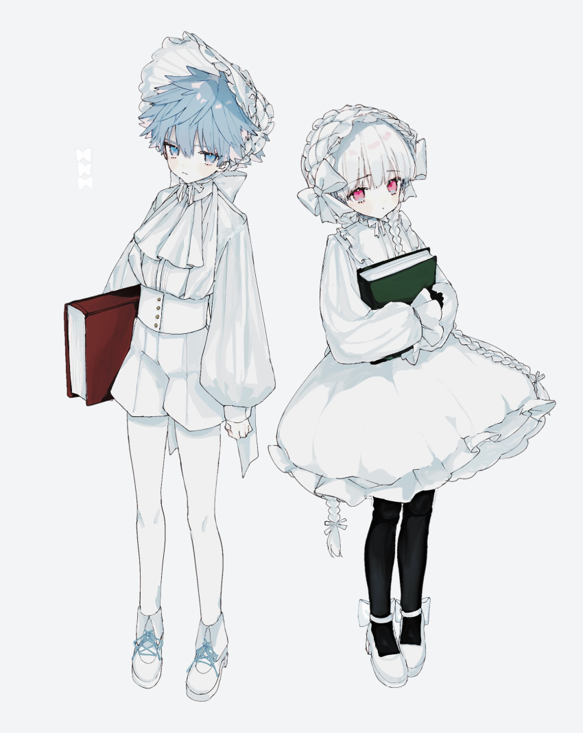 1boy, 1girl, black_gloves, black_pantyhose, blouse, blue_eyes, blue_hair, book, bow, braid, child, closed_mouth, commentary_request, dress, fate/extra, fate/extra_ccc, fate_(series), full_body, gloves, hair_between_eyes, hans_christian_andersen_(fate), headdress, high_collar, highres, holding, holding_book, ouji_fashion, lolita_fashion, long_hair, long_sleeves, looking_at_viewer, nursery_rhyme_(fate), pantyhose, pink_eyes, pith_u, puffy_sleeves, ribbon, shirt, short_hair, shorts, simple_background, standing, twin_braids, very_long_hair, white_background, white_bow, white_dress, white_footwear, white_headwear, white_pantyhose, white_ribbon, white_shirt, white_shorts, white_theme