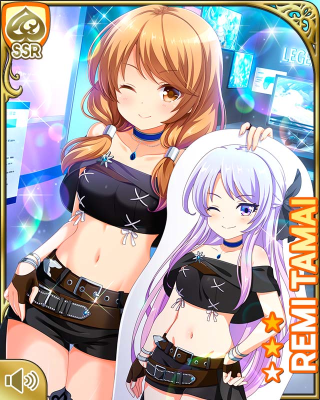 2girls, bare_shoulders, belt, black_legwear, black_shirt, black_shorts, blue_eyes, boots, brown_eyes, brown_footwear, brown_gloves, brown_hair, card_(medium), cardboard_stand, closed_mouth, day, game_show, girlfriend_(kari), gloves, indoors, looking_at_viewer, low_twintails, multiple_girls, official_art, one_eye_closed, pink_hair, qp:flapper, shirt, shorts, smile, standing, tagme, tamai_remi, thighhighs, twintails, wink
