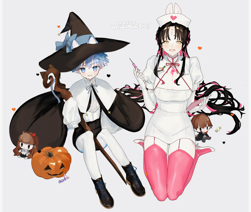 1boy, 1girl, animal_ears, black_cape, black_footwear, black_hair, black_shorts, blue_bow