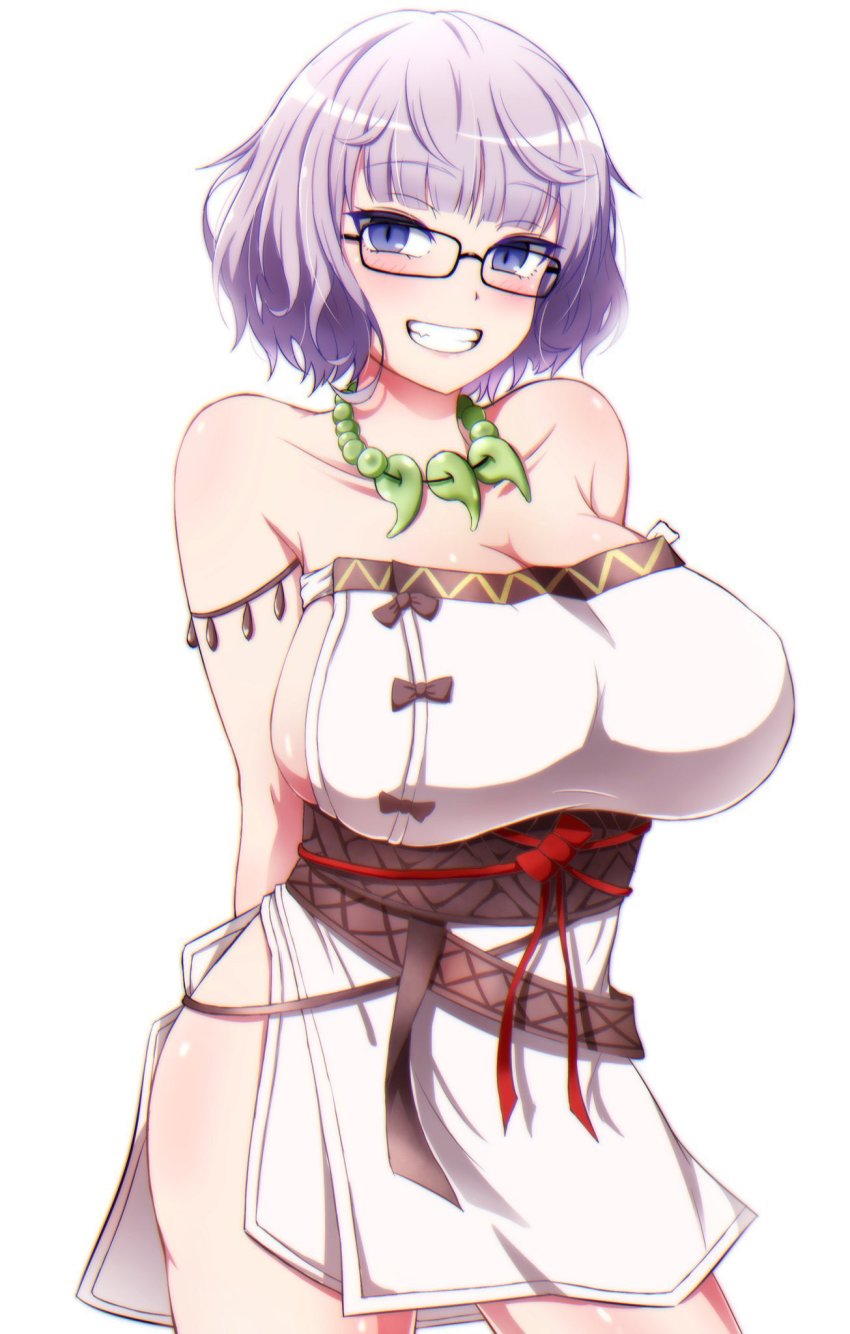 1girl, arms_behind_back, blue_eyes, breasts, cosplay, fate/grand_order, fate_(series), glasses