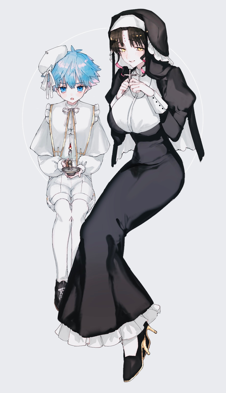 1boy, 1girl, beret, black_dress, black_footwear, black_hair, black_headwear, blue_eyes