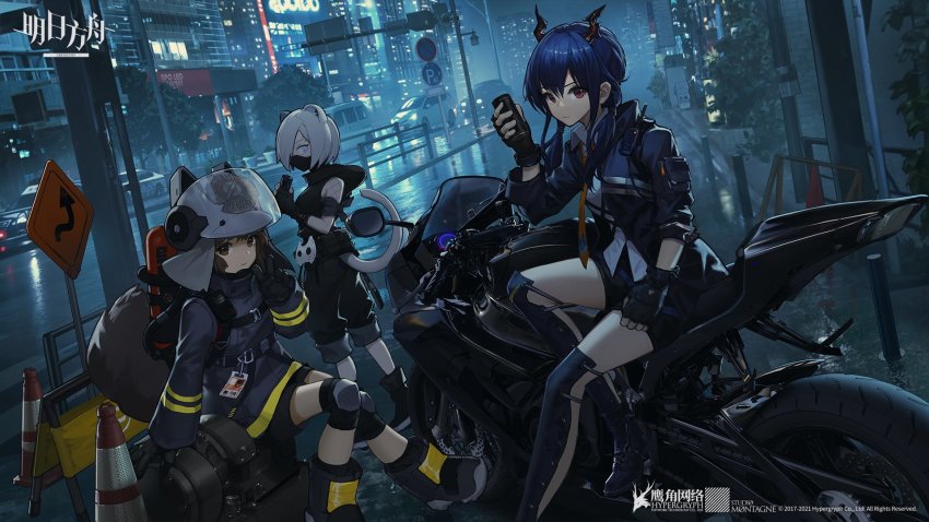 3girls, animal_ear_helmet, animal_ears, animal_helmet, arknights, can, canned_coffee, car