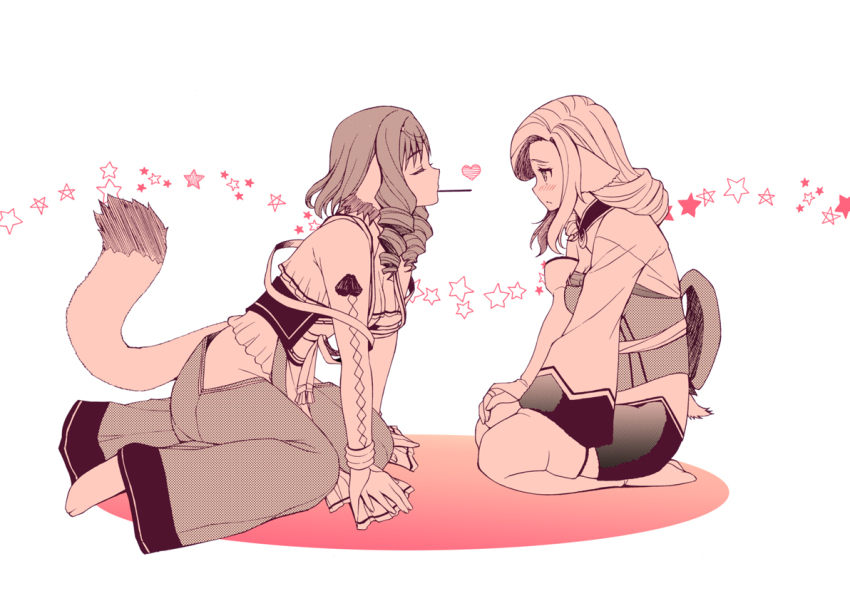 2girls, ainu_clothes, all_fours, animal_ears, aquaplus, blush, breasts, cleavage