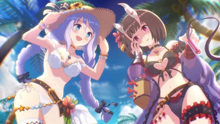 2girls, blue_eyes, blush, breasts, demon_girl, demon_horns, demon_tail, eriko_(princess_connect!)