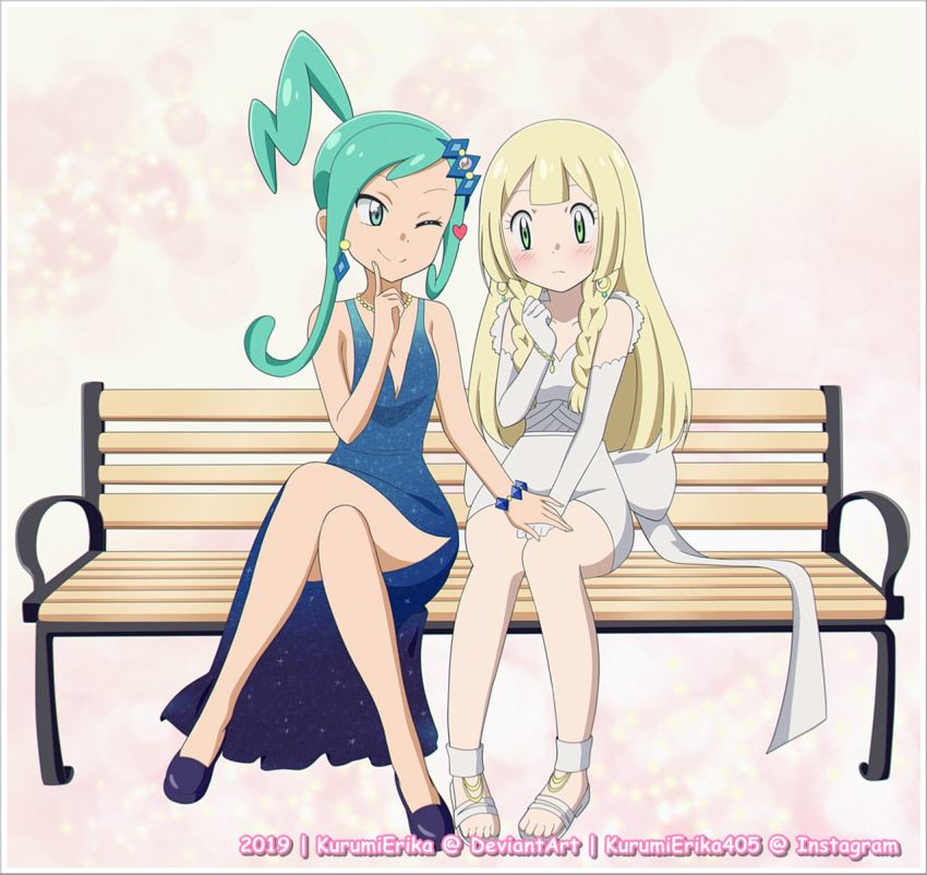 2girls, aqua_eyes, aqua_hair, aqua_nails, armpits, asymmetrical_hair, bare_shoulders, bench, blonde_hair, blue_dress, blue_footwear, blush, breasts, child, cleavage, clenched_hand, closed_mouth, collarbone, crossed_legs, diadem, dress, earrings, elbow_gloves, embarrassed, eyelashes, feet, female_focus, finger_to_mouth, fingernails, flat_chest, formal_clothes, full_body, gen_6_pokemon, gen_7_pokemon, gloves, green_eyes, hand_up, happy, heart, high_heels, highres, holding_hands, idol, jewelry, kurumierika, legs, lillie_(pokemon), lisia_(pokemon), long_dress, long_hair, long_image, matching_hair/eyes, mega_stone, meiji_(kurumierika), multiple_girls, nail_polish, neck, necklace, nintendo, no_socks, one_eye_closed, pokemon, pokemon_omega_ruby_and_alpha_sapphire, pokemon_sun_and_moon, ponytail, sandals, shiny_clothes, shiny_skin, short_dress, side_bangs, side_slit, sidelocks, simple_background, sitting, smile, standing, tall_image, thighs, tiara, toenails, toes, white_footwear, wink, wristband, yuri