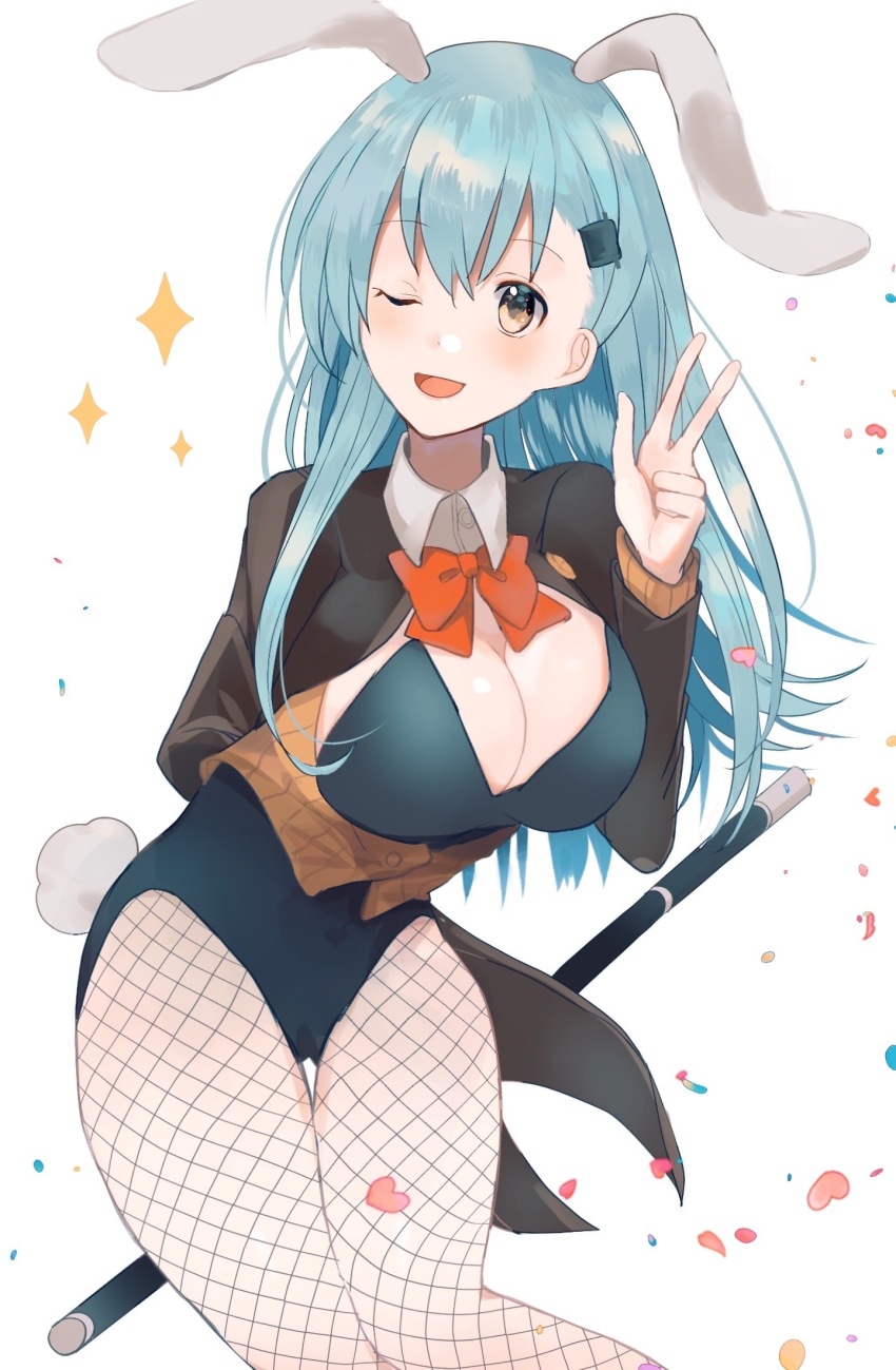 1girl, adapted_costume, animal_ears, aqua_hair, ascot, bad_id, bad_pixiv_id, black_leotard