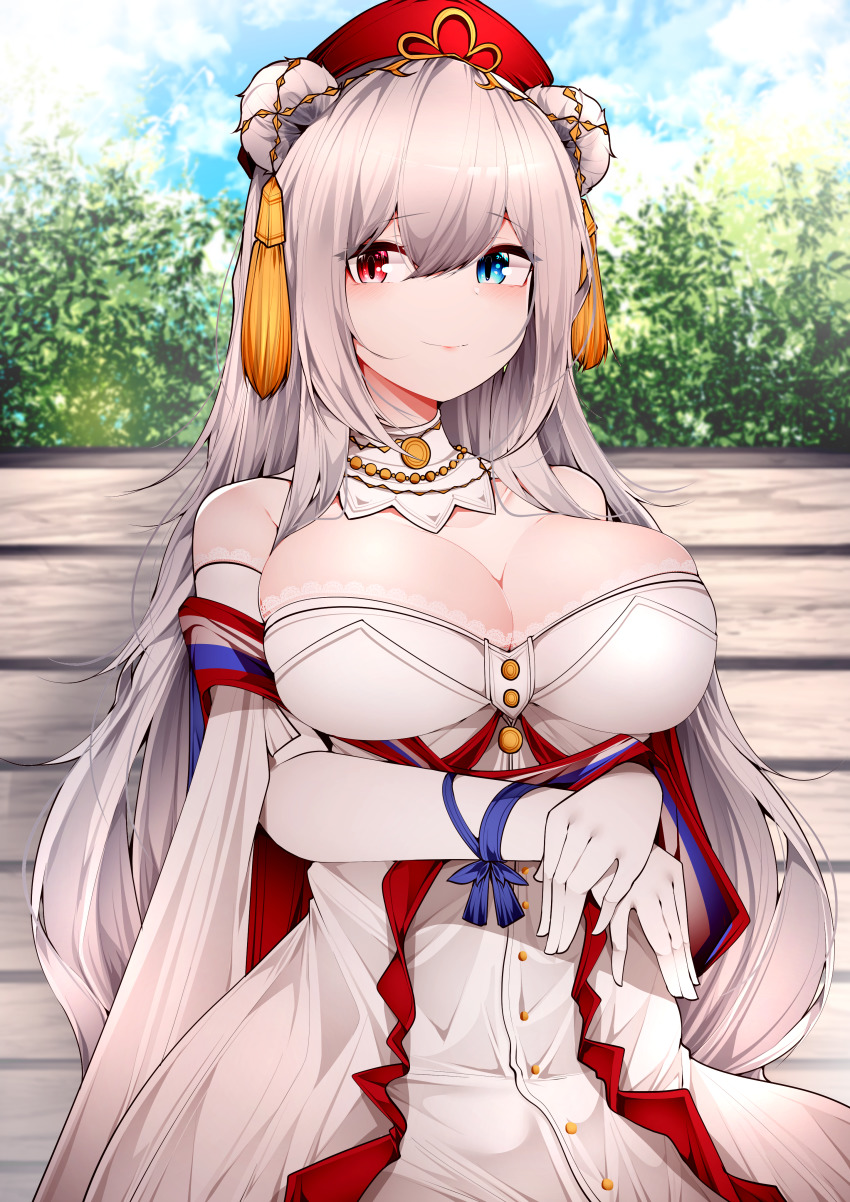 1girl, absurdres, animal_ears, arknights, bare_shoulders, bear_ears, bench, beret