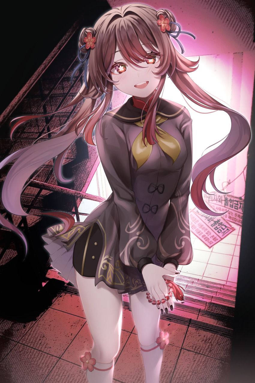 1girl, :d, absurdres, bead_bracelet, beads, black_nails, black_shorts, blush