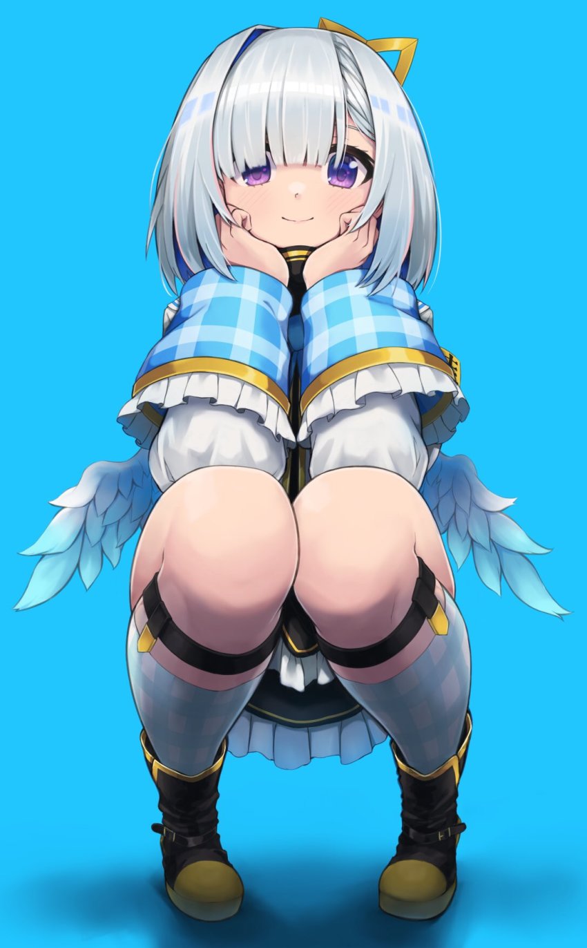 1girl, amane_kanata, angel_wings, black_boots, blue_background, blue_socks, blush, boots