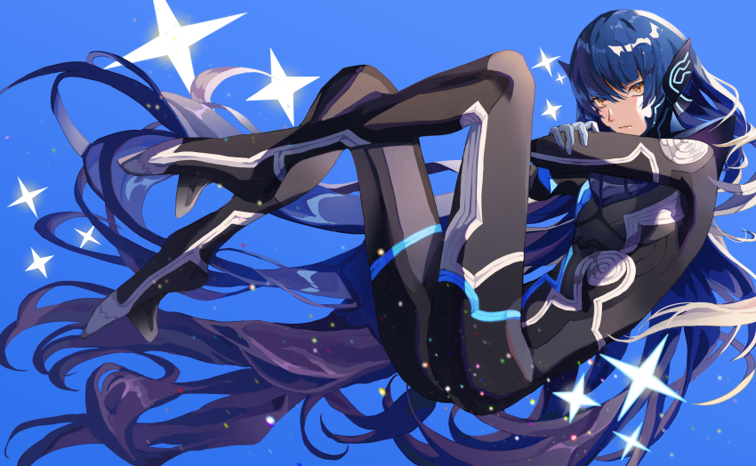 1boy, androgynous, armor, blue_background, bodysuit, collarbone, eyelashes, highres