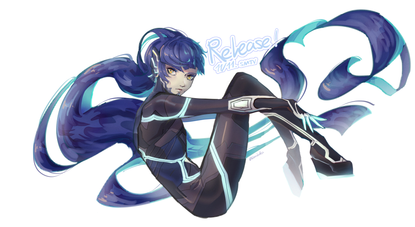 1boy, androgynous, armor, bodysuit, collarbone, eyelashes, highres, lenierka, long_hair, looking_at_viewer, male_focus, protagonist_(aogami_nahobino)_(smtv), protagonist_(smtv), purple_hair, shin_megami_tensei, shin_megami_tensei_v, simple_background, solo, very_long_hair, yellow_eyes