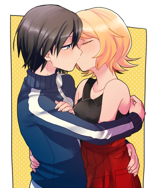 1boy, 1girl, bare_arms, black_shirt, blonde_hair, blue_jacket, blush, border, brown_hair, calem_(pokemon), closed_eyes, collarbone, collared_shirt, commentary_request, eyelashes, from_side, grey_eyes, half-closed_eyes, hetero, jacket, kiss, long_sleeves, looking_at_another, nintendo, pleated_skirt, pokemon, pokemon_adventures, red_skirt, serena_(pokemon), shirou_(shiro_uzr), shirt, short_hair, skirt, sleeveless, sleeveless_shirt, white_border, zipper_pull_tab