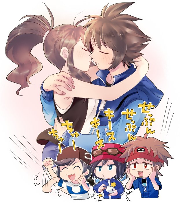 1girl, 4boys, black_shirt, blue_jacket, blush, brown_hair, calem_(pokemon), closed_eyes, commentary_request, elio_(pokemon), from_side, hair_tie, hetero, hilbert_(pokemon), hilda_(pokemon), hood, hood_down, hooded_jacket, imminent_kiss, jacket, long_hair, multiple_boys, nate_(pokemon), nintendo, open_clothes, open_vest, parted_lips, pokemon, pokemon_black_and_white, pokemon_black_2_and_white_2, pokemon_sun_and_moon, pokemon_x_and_y, ponytail, shirou_(shiro_uzr), shirt, short_hair, shorts, sidelocks, sleeveless, sleeveless_shirt, vest, white_shirt, zipper_pull_tab