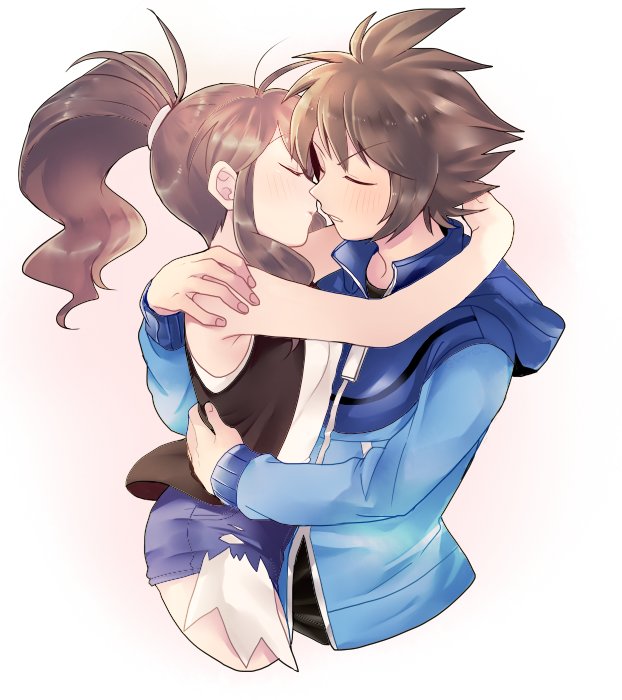 1boy, 1girl, black_shirt, blue_jacket, blush, brown_hair, closed_eyes, commentary_request, from_side, hair_tie, hetero, hilbert_(pokemon), hilda_(pokemon), hood, hood_down, hooded_jacket, imminent_kiss, jacket, long_hair, nintendo, open_clothes, open_vest, parted_lips, pokemon, pokemon_black_and_white, ponytail, shirou_(shiro_uzr), shirt, short_hair, shorts, sidelocks, sleeveless, sleeveless_shirt, vest, white_shirt, zipper_pull_tab