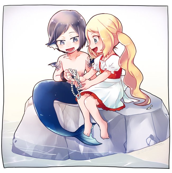 1boy, 1girl, :d, alternate_costume, barefoot, beads, calem_(pokemon), collarbone