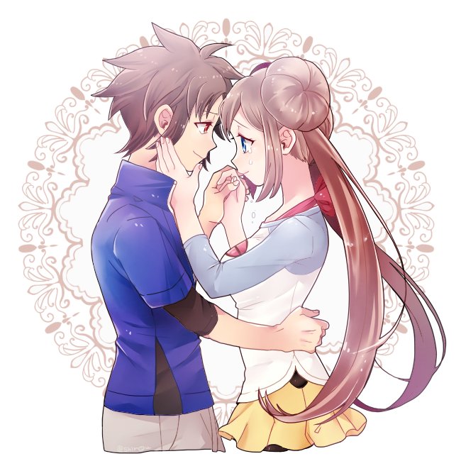 1boy, 1girl, bow, brown_eyes, brown_hair, closed_mouth, commentary_request, eye_contact