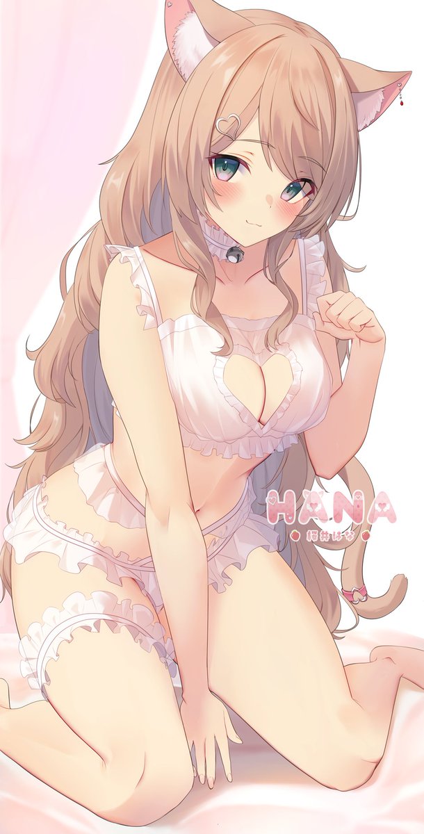 animal_ears, artist_request, bell, breasts, brown_hair, cat_ears, cat_girl, cat_lingerie