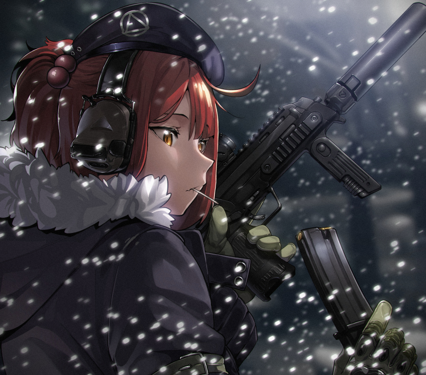1girl, absurdres, ammunition, armor-piercing_ammunition, beret, black_hat, bullet, candy