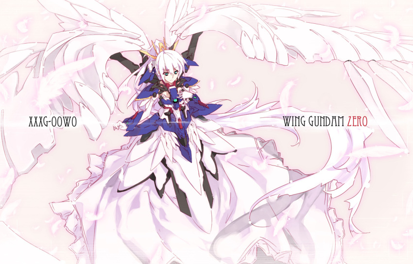 1990s_(style), 1girl, aeutoaki, english_text, female_focus, green_eyes, gundam, gundam_wing, gundam_wing:_endless_waltz, high_ponytail, mecha_musume, ponytail, retro_artstyle, solo, white_hair, wing_gundam_zero_custom, wings