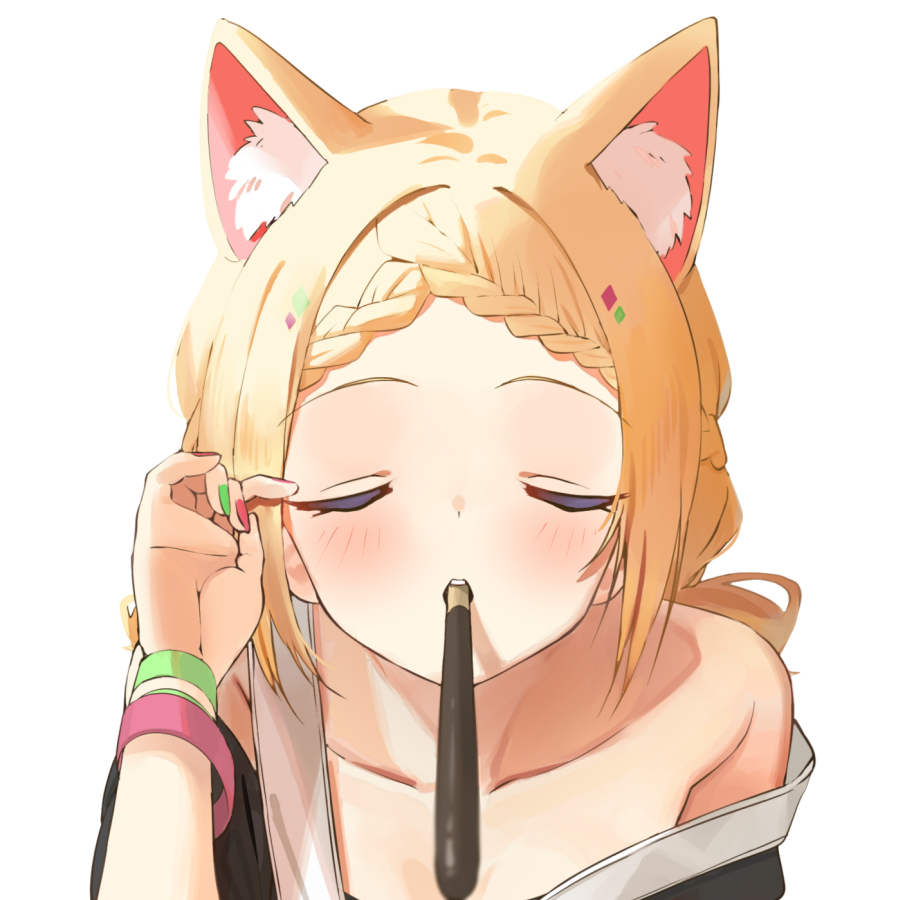 1girl, aki_rosenthal, aki_rosenthal_(gaming_casual), animal_ear_fluff, animal_ears, bare_shoulders, blonde_hair, blush