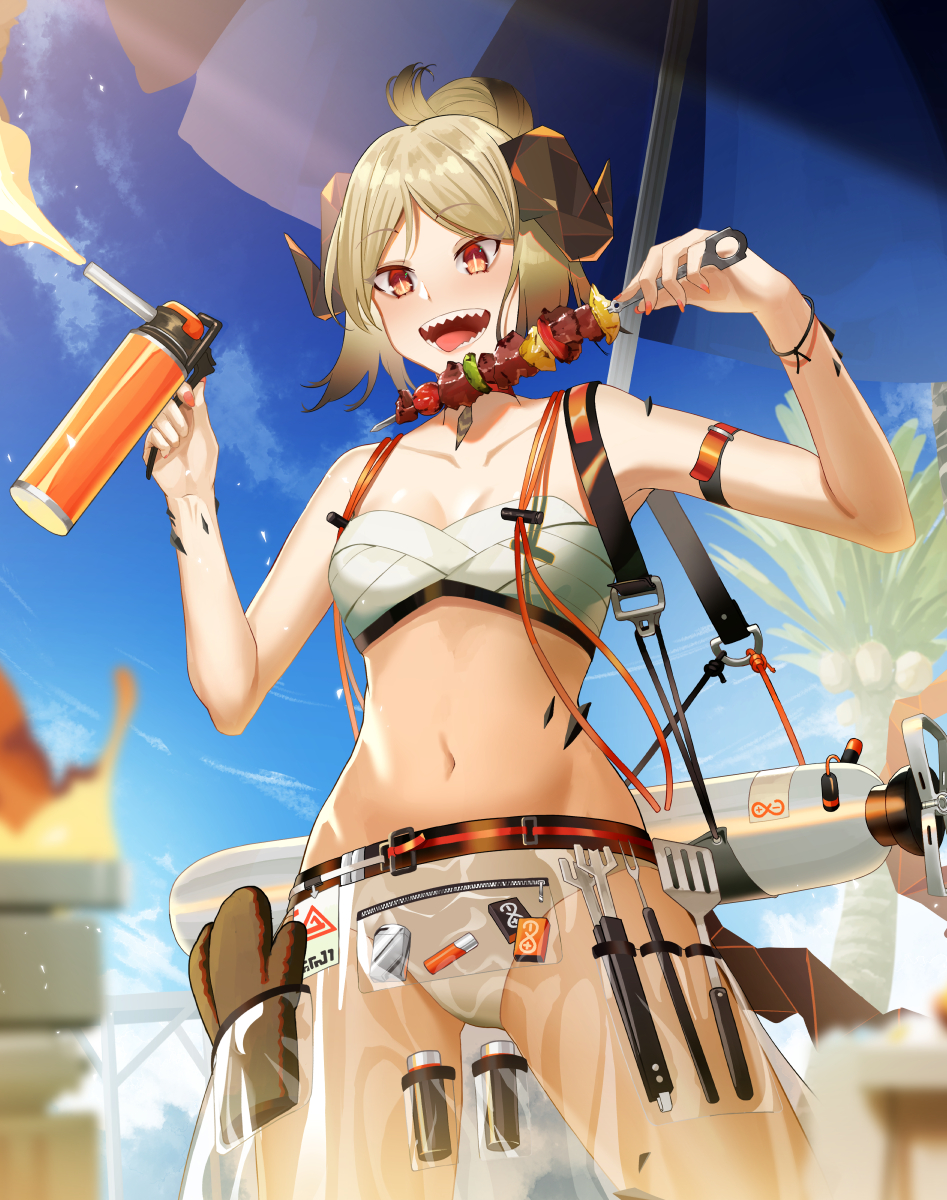 1girl, arknights, arm_strap, bare_arms, bare_shoulders, beach_umbrella, bikini, blonde_hair