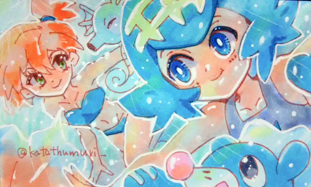 2girls, bikini, blue_bikini, blue_eyes, eyelashes, gen_1_pokemon, gen_7_pokemon, green_eyes, hair_tie, horsea, katathumuri, lana_(pokemon), misty_(pokemon), multiple_girls, navel, nintendo, orange_hair, pokemon, pokemon_(anime), pokemon_(creature), pokemon_sm042, pokemon_the_series:_sun_&amp;_moon, popplio, smile, swimsuit, trial_captain, underwater, water