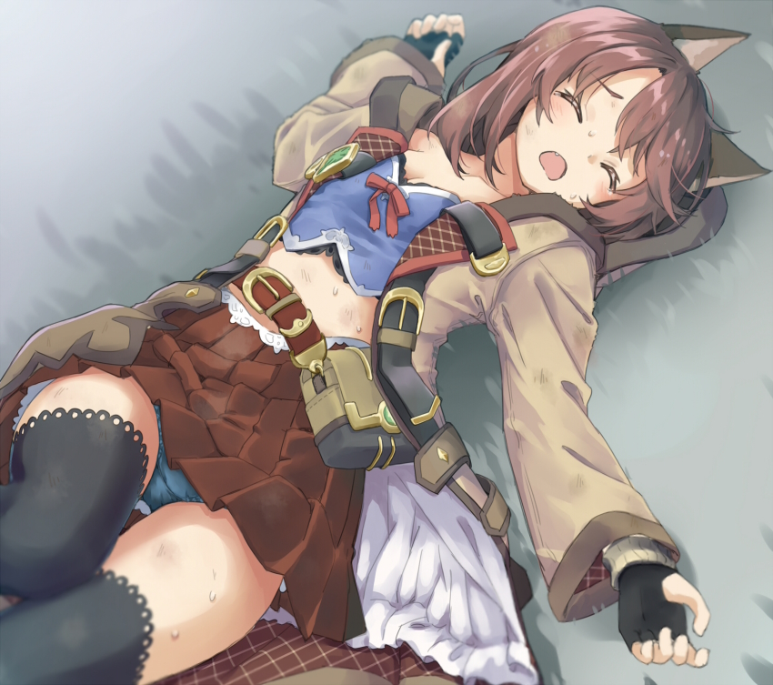 1girl, amane_rosylily, animal_ears, arm_up, bag, black_gloves, black_thighhighs, blue_panties