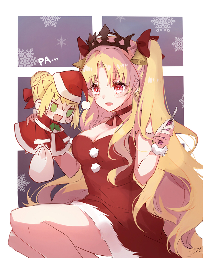 2girls, bell, blonde_hair, blush, braid, breasts, chibi, christmas