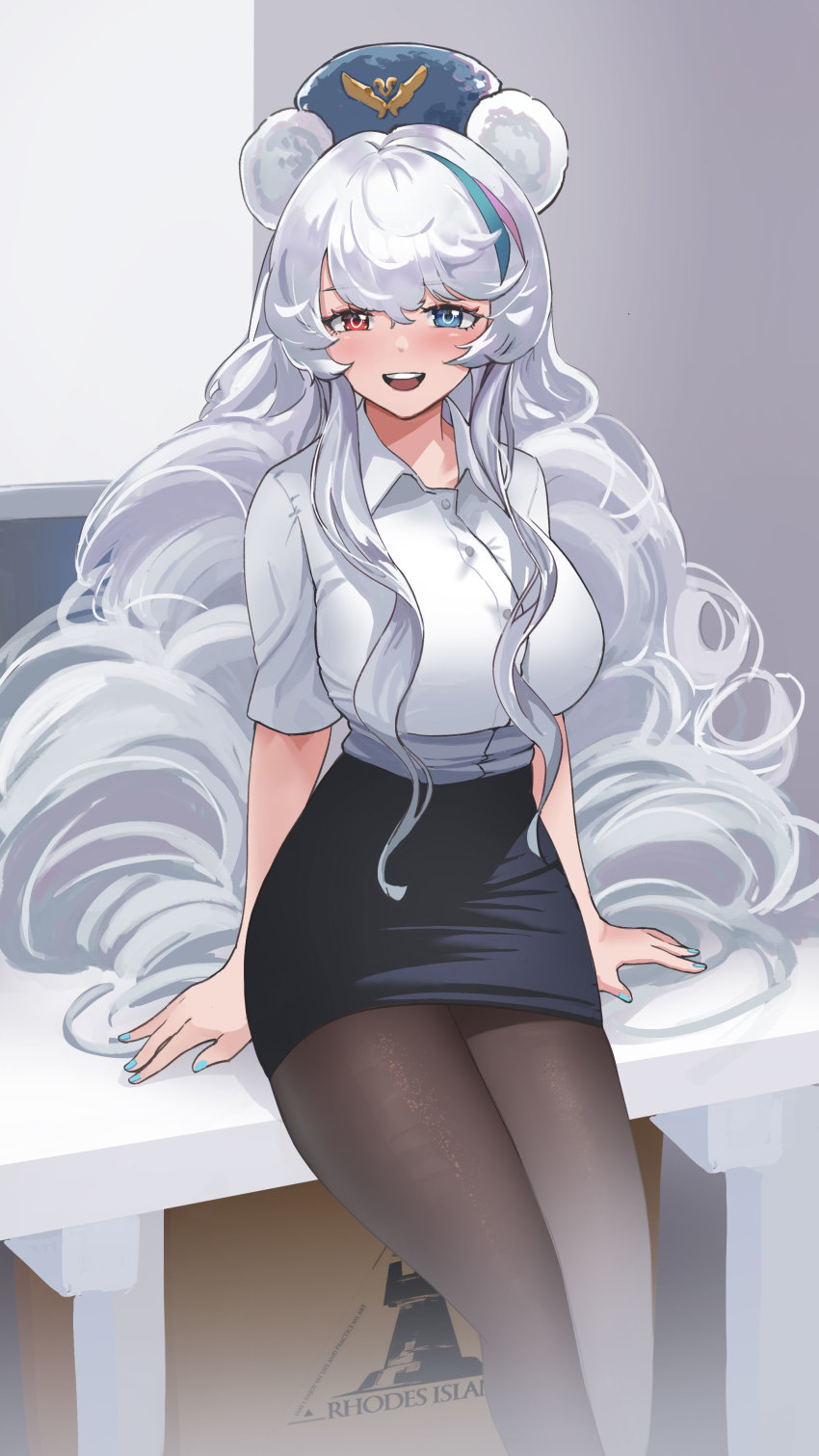 1girl, :d, absurdres, animal_ears, arknights, bear_ears, black_pantyhose, black_skirt