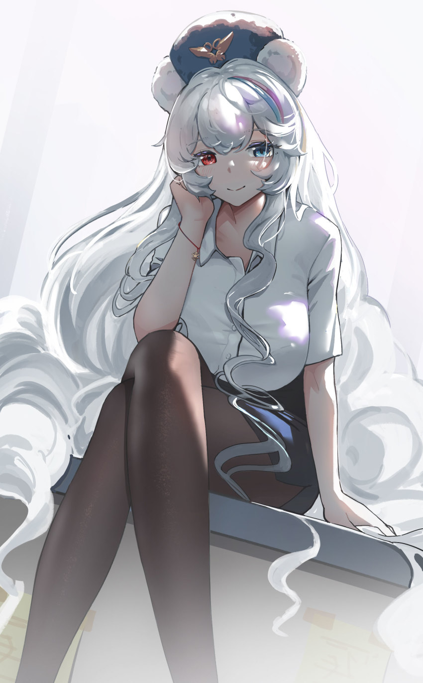 1girl, absurdres, animal_ears, arknights, bear_ears, black_pantyhose, black_shirt, blue_eyes