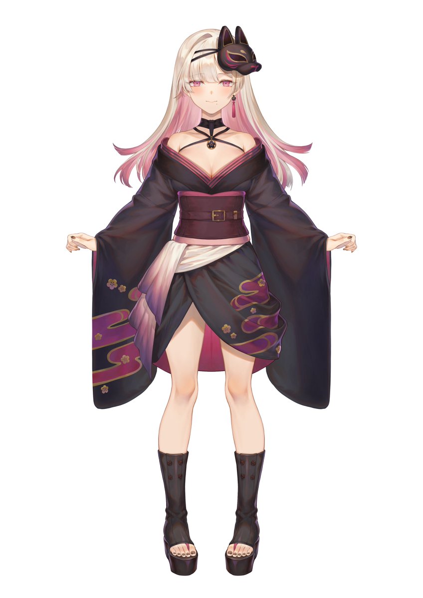 1girl, black_kimono, blush, breasts, cleavage, collarbone, colored_inner_hair, commentary