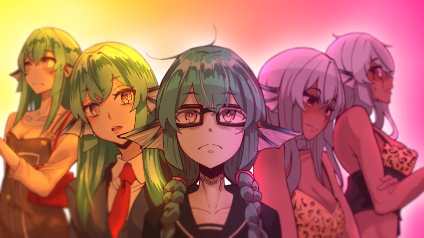 5girls, beige_shirt, blazer, blood, bloody_tears, blouse, blush, braid