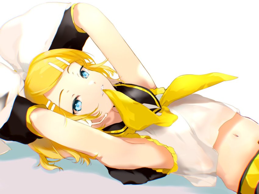 1girl, arm_up, armpits, arms_up, ascot, bare_shoulders, blonde_hair, blue_eyes, bow, crop_top, detached_sleeves, flat_chest, hair_bow, hair_ornament, hairclip, headphones, headset, highres, kagamine_rin, looking_at_viewer, lying, meme, midriff, mouth_hold, navel, necktie, necktie_in_mouth, on_back, oyamada_gamata, sailor_collar, seductive_smile, shirt, sleeveless, sleeveless_shirt, smile, solo, vocaloid, white_bow, yellow_neckwear
