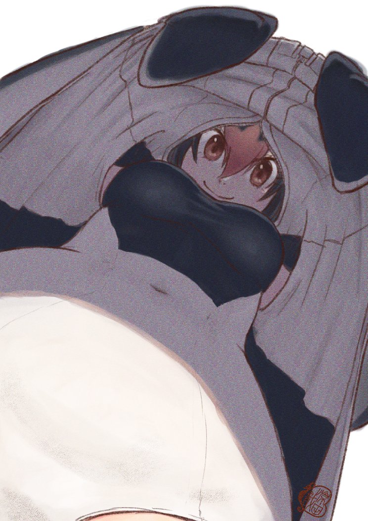 1girl, artist_logo, black_hair, breasts, closed_mouth, clothes_pull, covered_navel, eyes_visible_through_hair