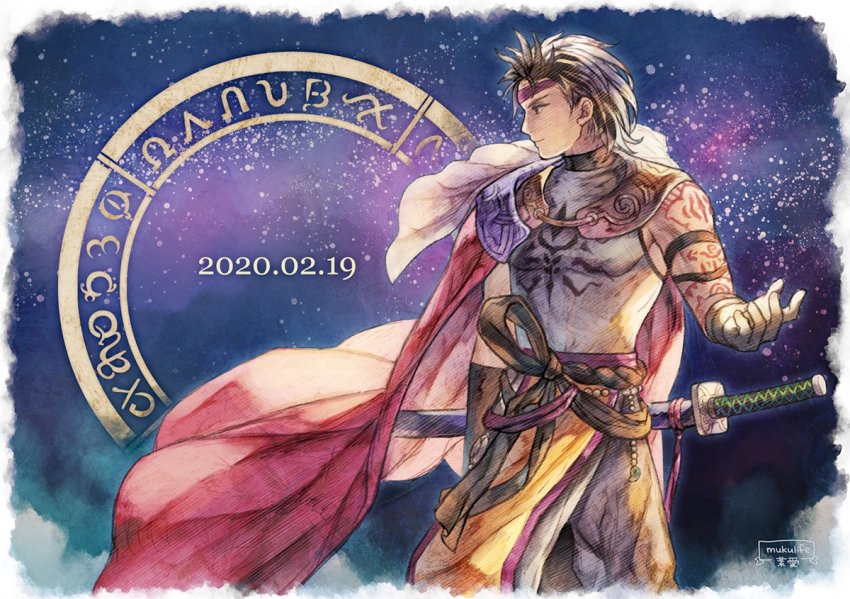 1boy, black_hair, cape, closed_mouth, cotelier, dated, gloves, katana