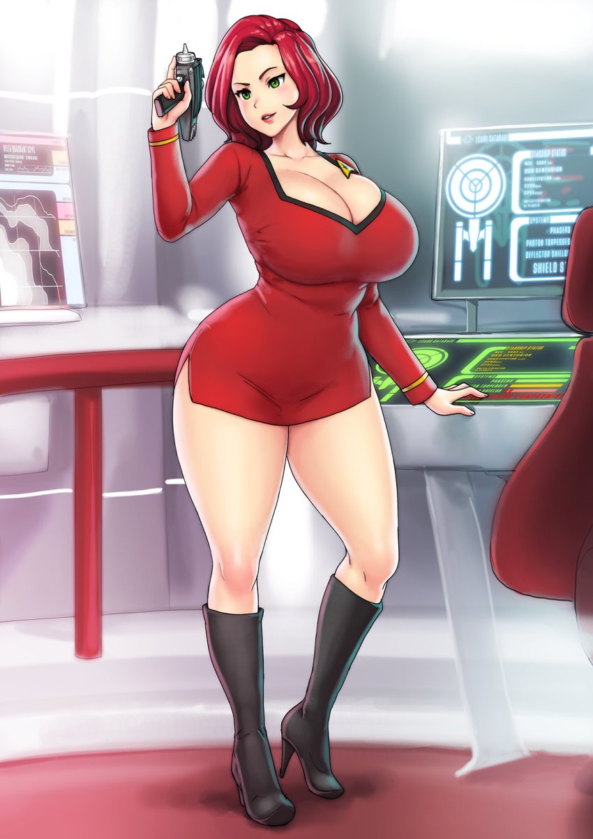 1girl, boots, breasts, cleavage, commission, curvy, dress, erkaz, full_body, green_eyes, hand_up, high_heel_boots, high_heels, highres, huge_breasts, long_sleeves, medium_hair, original, parted_lips, phaser, red_dress, red_hair, shadow, short_dress, solo, standing, star_trek, thick_thighs, thighs, wide_hips