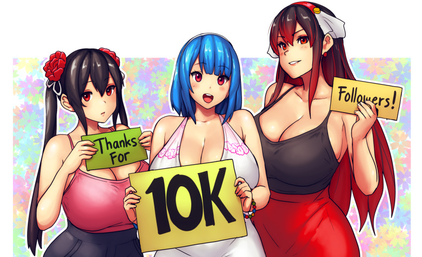 3girls, bare_shoulders, black_camisole, black_hair, blue_hair, blunt_bangs, blush, breasts