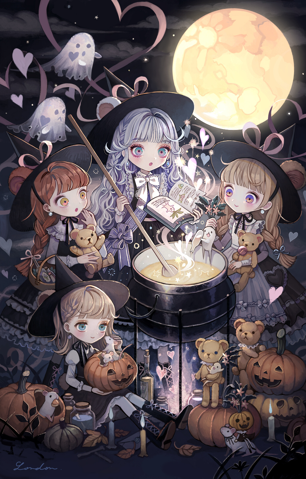 4girls, accurate_lolita_coord, aqua_eyes, black_headwear, blonde_hair, blue_eyes, blunt_bangs, book