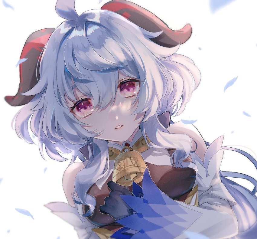 ahoge, bare_shoulders, bell, black_gloves, blue_hair, breasts, detached_sleeves, ganyu_(genshin_impact)