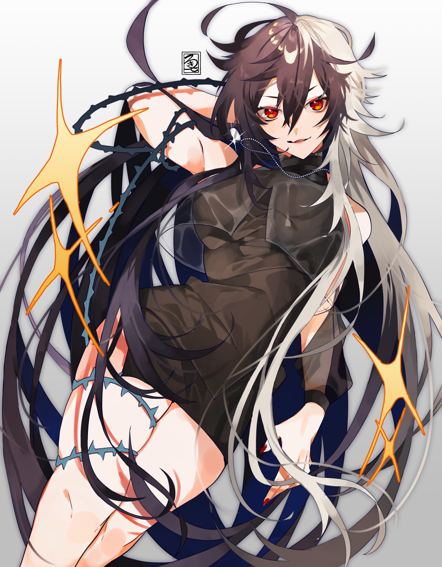 1girl, alchemy_stars, arm_up, artist_logo, black_dress, black_hair, breasts, commentary_request