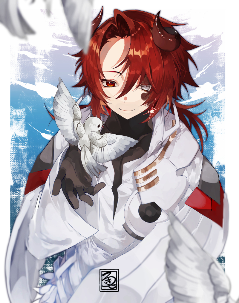 1boy, alchemy_stars, bird, black_gloves, black_shirt, border, coat, colored_skin, commentary_request, covered_collarbone, demon_horns, gloves, grey_eyes, hand_up, heterochromia, horns, long_hair, long_sleeves, male_focus, mendelson_(alchemy_stars), outside_border, parted_bangs, red_eyes, red_hair, rokiko, shirt, smile, solo, sparkle, turtleneck, upper_body, white_border, white_coat