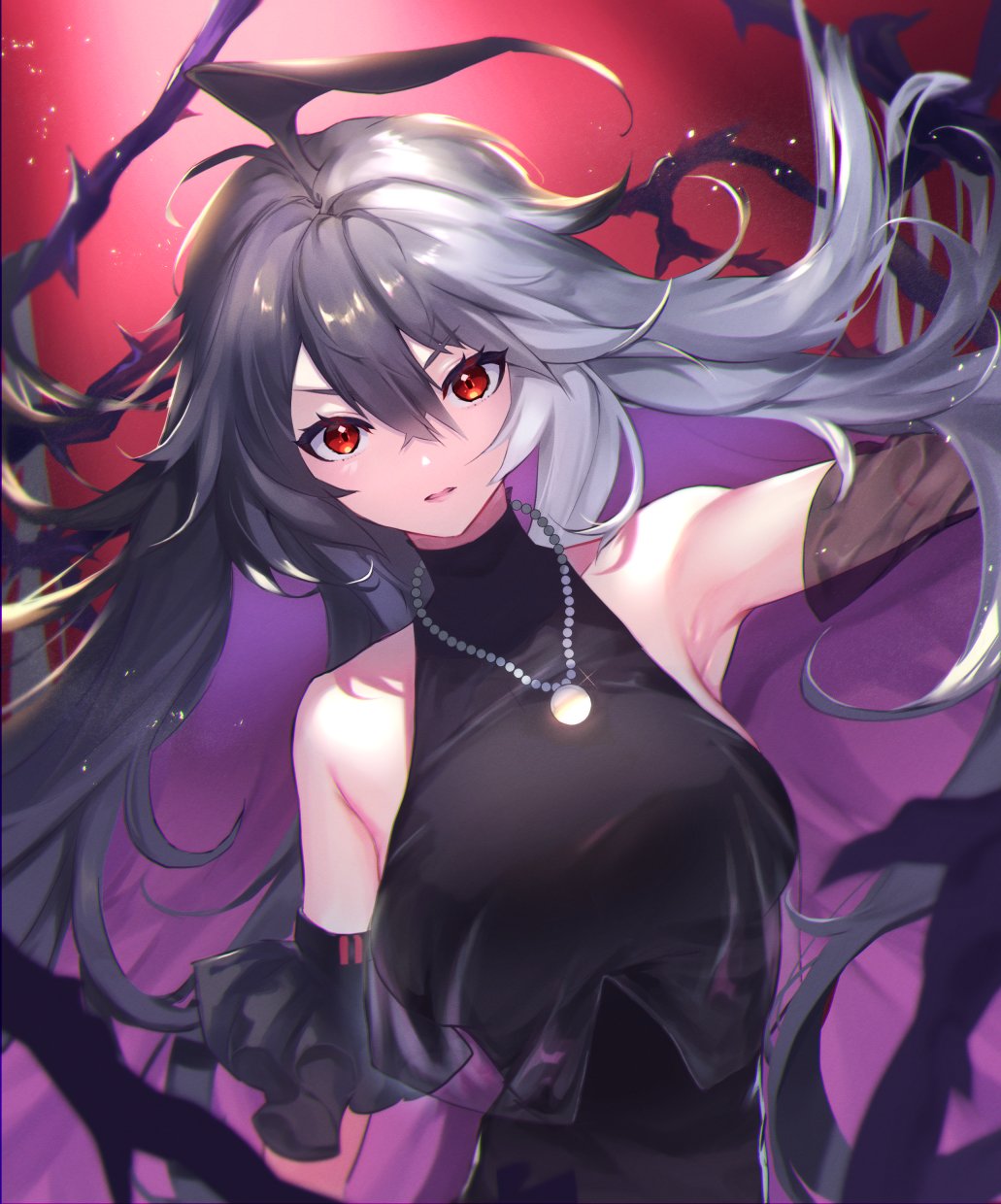 1girl, ahoge, alchemy_stars, arm_garter, bare_shoulders, black_dress, black_hair, breasts