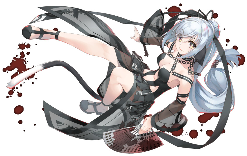 1girl, absurdly_long_hair, ainu_clothes, amazuyu_tatsuki, aquaplus, bare_legs, black_tail, blood, blood_splatter, breasts, bright_pupils, cat_tail, chain, choker, cleavage, dress, earrings, eyes_visible_through_hair, from_above, gradient_eyes, gradient_hair, hair_between_eyes, hair_ornament, hair_over_one_eye, hair_ribbon, hand_fan, high_heels, high_ponytail, highres, holding, holding_fan, holding_weapon, jewelry, knee_up, kuon_(utawarerumono), kuon_tenshi, leg_up, long_hair, looking_at_viewer, low-tied_long_hair, medium_breasts, midriff, multicolored_eyes, multicolored_hair, multicolored_tail, official_art, orange_eyes, parted_lips, ponytail, purple_eyes, raised_eyebrows, ribbon, rinne, see-through_clothes, see-through_skirt, see-through_sleeves, sidelocks, sitting, skirt, sleeveless, solo, spoilers, tail, thighs, transparent_background, utawarerumono, utawarerumono:_futari_no_hakuoro, utawarerumono:_lost_flag, very_long_hair, weapon, white_hair, white_pupils, white_tail, yellow_eyes